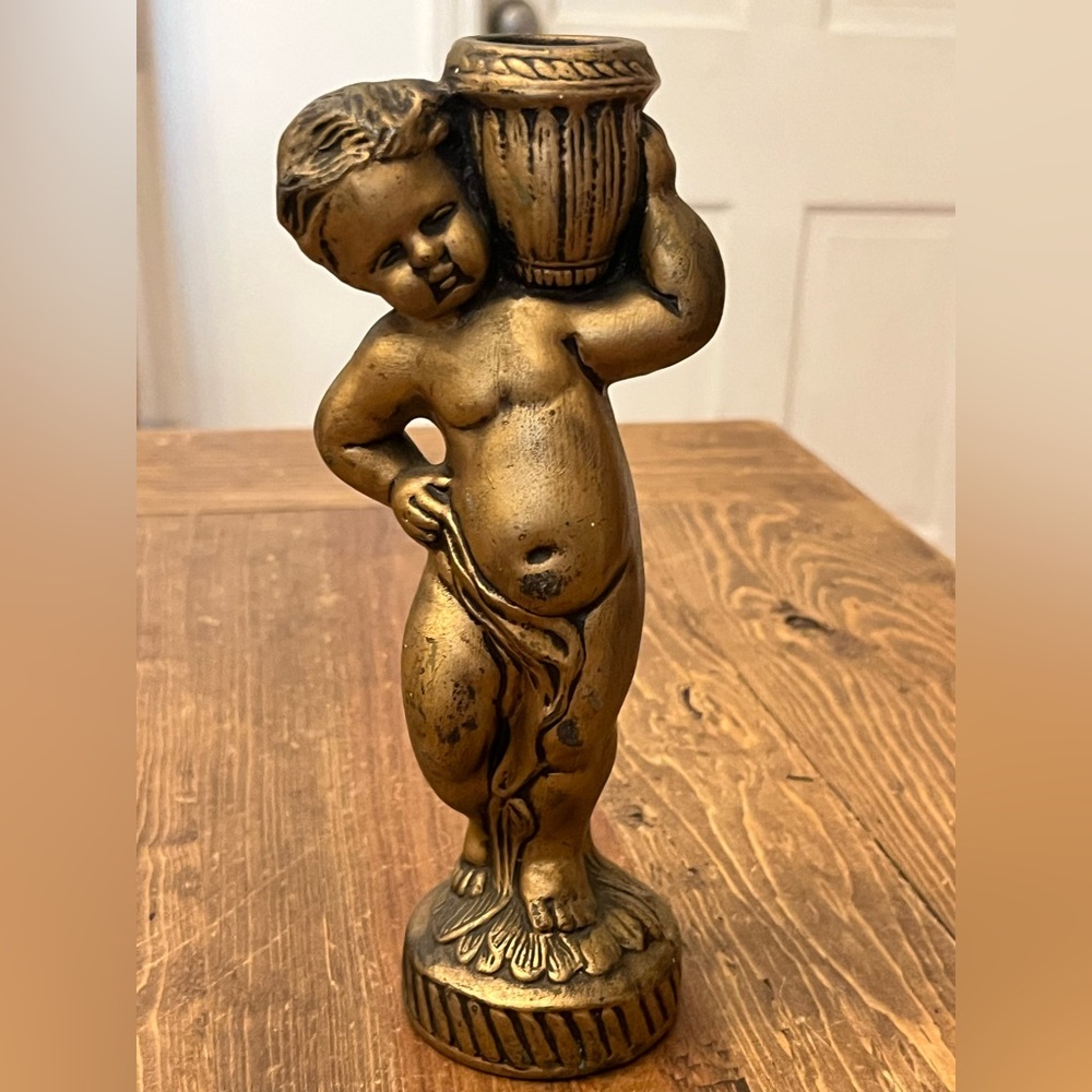 Vintage Cherub Candle Holder Gold Putti Statue Romantic Decor